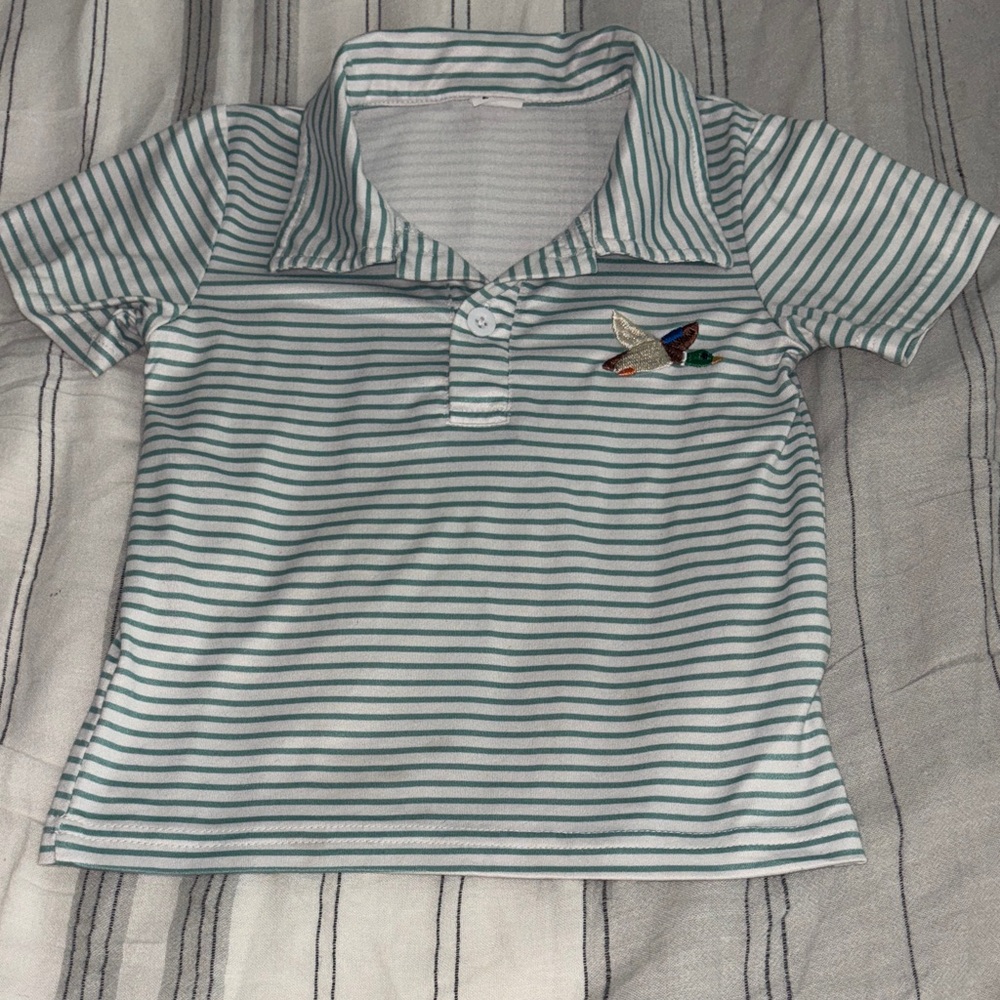 Striped Polo Tee with Embroidered duck - Green/White